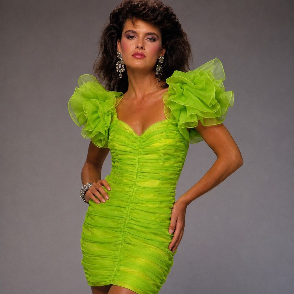 Julie DurochΓ© Neon Green Ruched Organza Puff Sleeve Cocktail Dress Sz XS